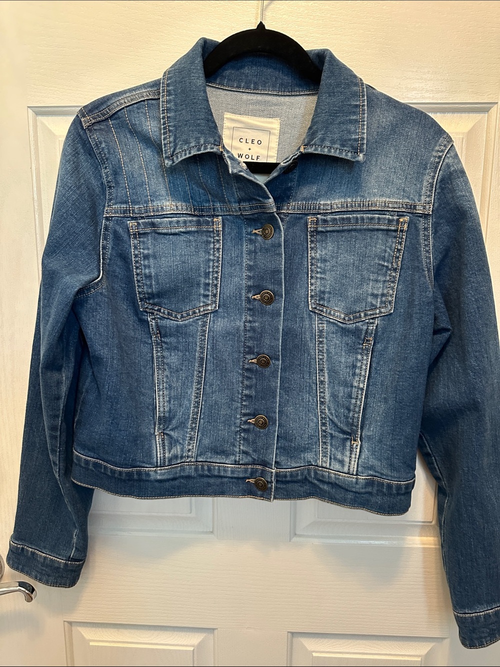 Cleo+Wolf Denim Jacket with Patchwork Back Panel - Blue & Rust Size XS - Picture 4 of 7